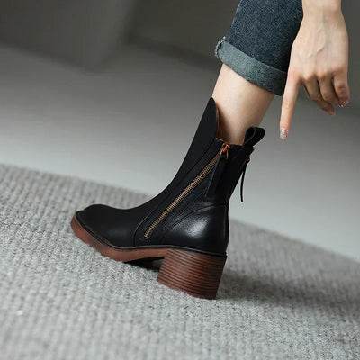 Ankle Boots - Women's Black Brown Block Heel Leather Boots-Grace Aura