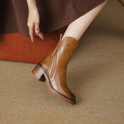 Ankle Boots - Women's Black Brown Block Heel Leather Boots-Grace Aura