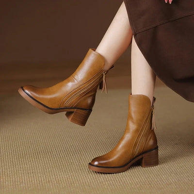 Ankle Boots - Women's Black Brown Block Heel Leather Boots-Grace Aura