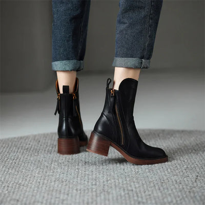 Ankle Boots - Women's Black Brown Block Heel Leather Boots-Grace Aura