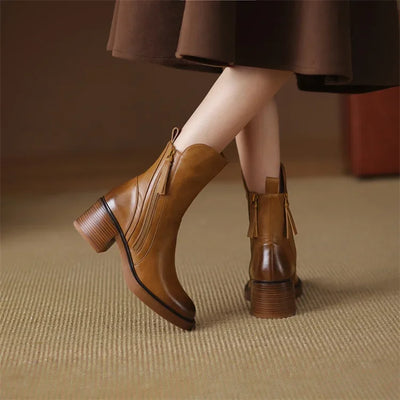 Ankle Boots - Women's Black Brown Block Heel Leather Boots-Grace Aura