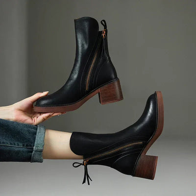 Ankle Boots - Women's Black Brown Block Heel Leather Boots-Grace Aura