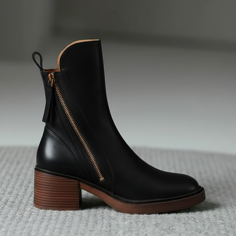 Ankle Boots - Women's Brown and Black Block Heel Leather Boots-Grace Aura