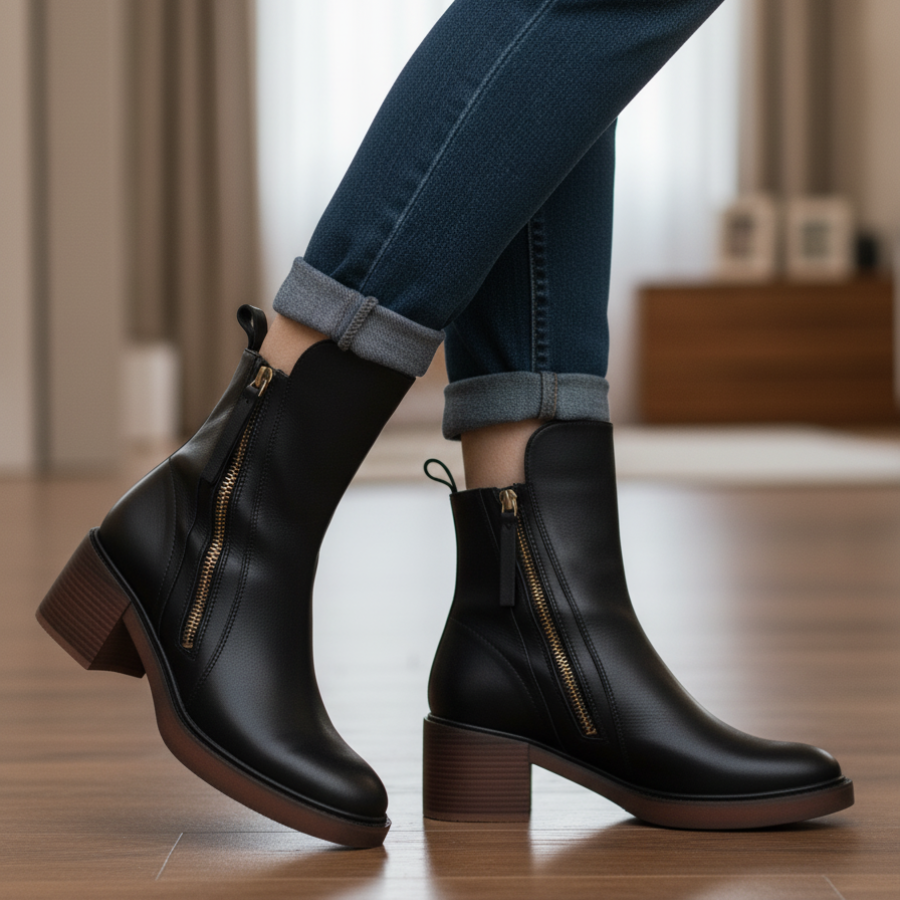 Ankle Boots - Women's Brown and Black Block Heel Leather Boots-Grace Aura