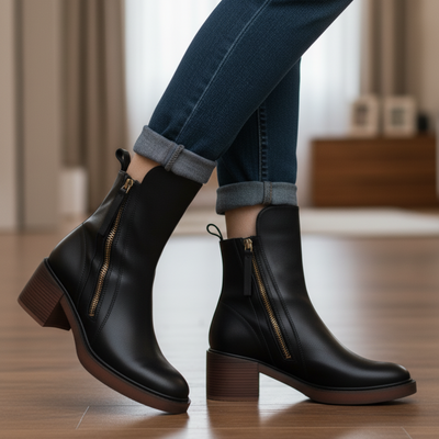 Ankle Boots - Women's Brown and Black Block Heel Leather Boots-Grace Aura