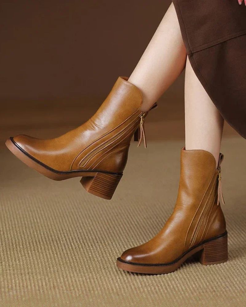 Ankle Boots - Women's Brown and Black Block Heel Leather Boots-Grace Aura