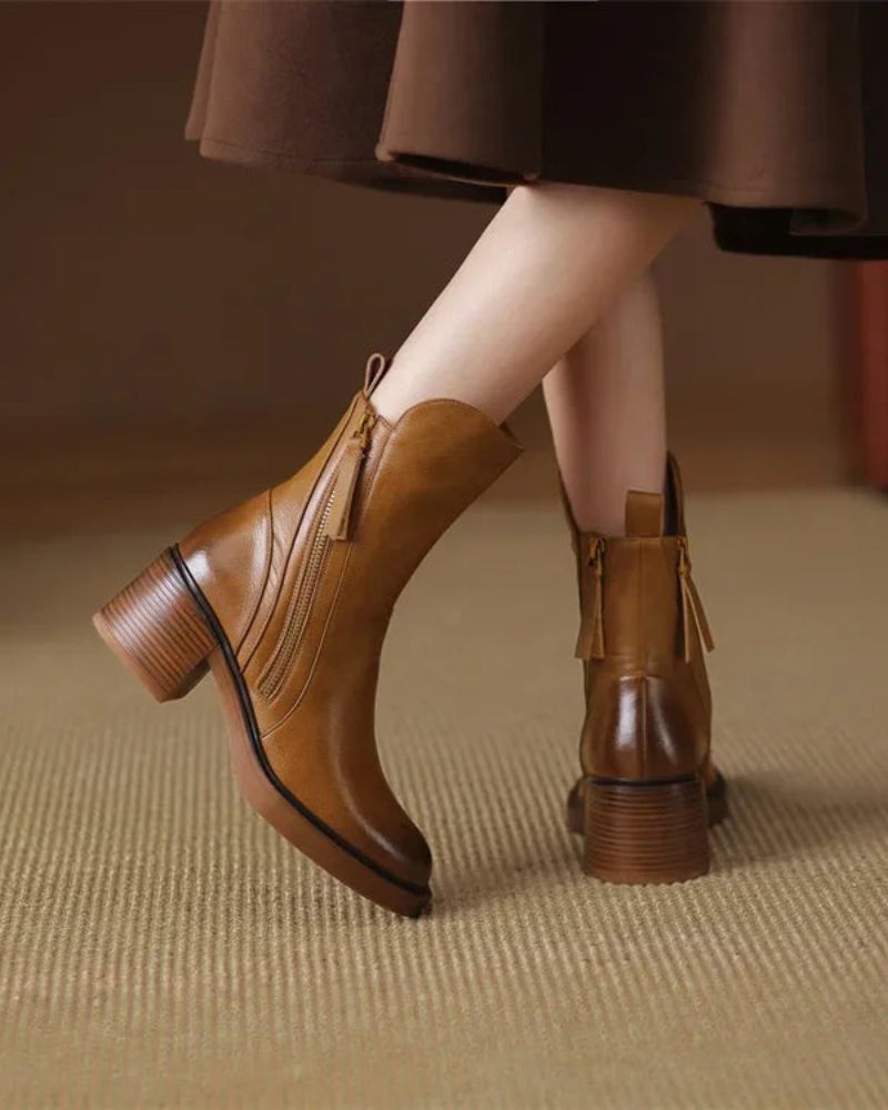Ankle Boots - Women's Brown and Black Block Heel Leather Boots-Grace Aura