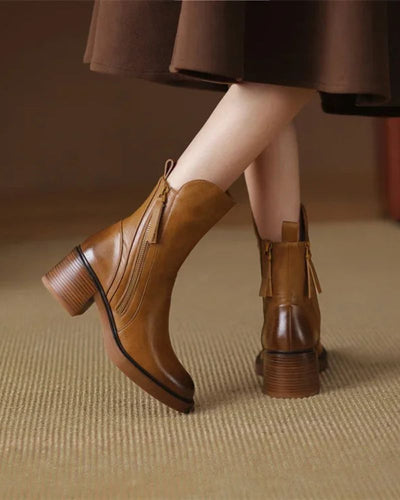 Ankle Boots - Women's Brown and Black Block Heel Leather Boots-Grace Aura