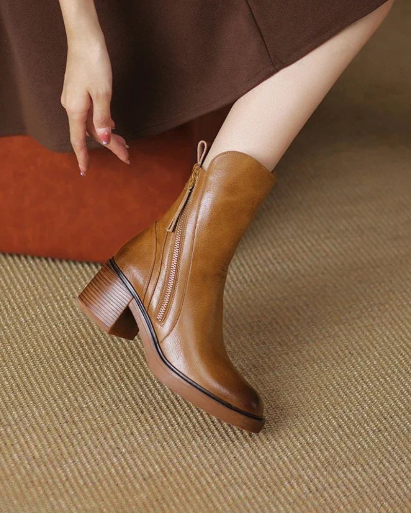 Ankle Boots - Women's Brown and Black Block Heel Leather Boots-Grace Aura