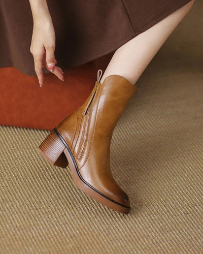 Ankle Boots - Women's Brown and Black Block Heel Leather Boots-Grace Aura