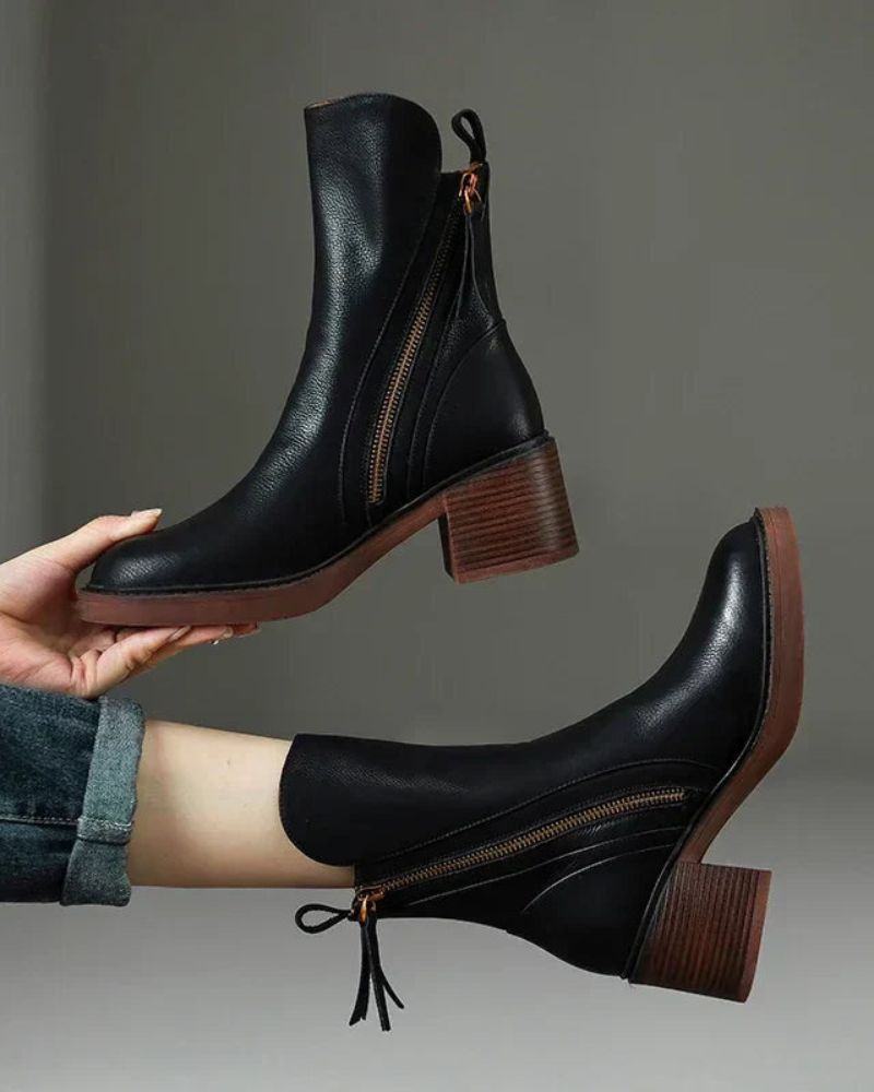 Ankle Boots - Women's Brown and Black Block Heel Leather Boots-Grace Aura