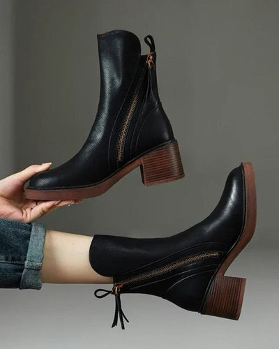 Ankle Boots - Women's Brown and Black Block Heel Leather Boots-Grace Aura