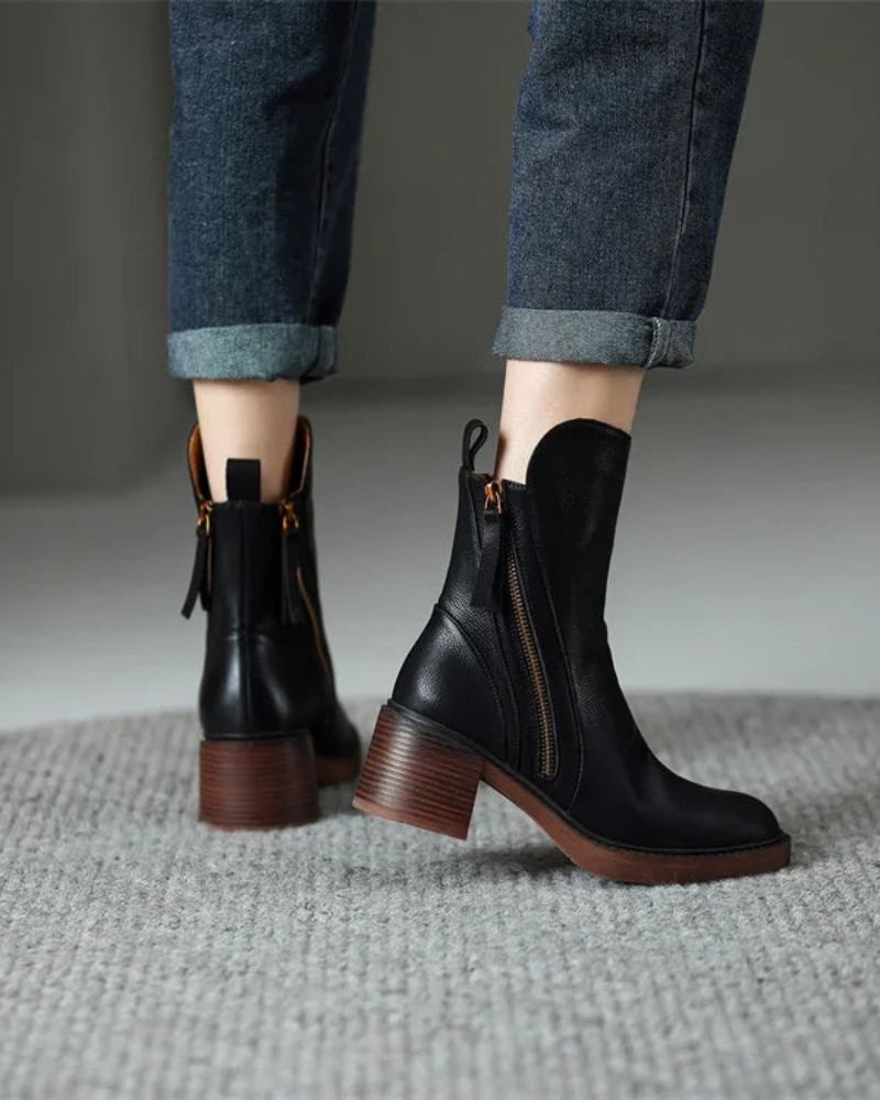 Ankle Boots - Women's Brown and Black Block Heel Leather Boots-Grace Aura