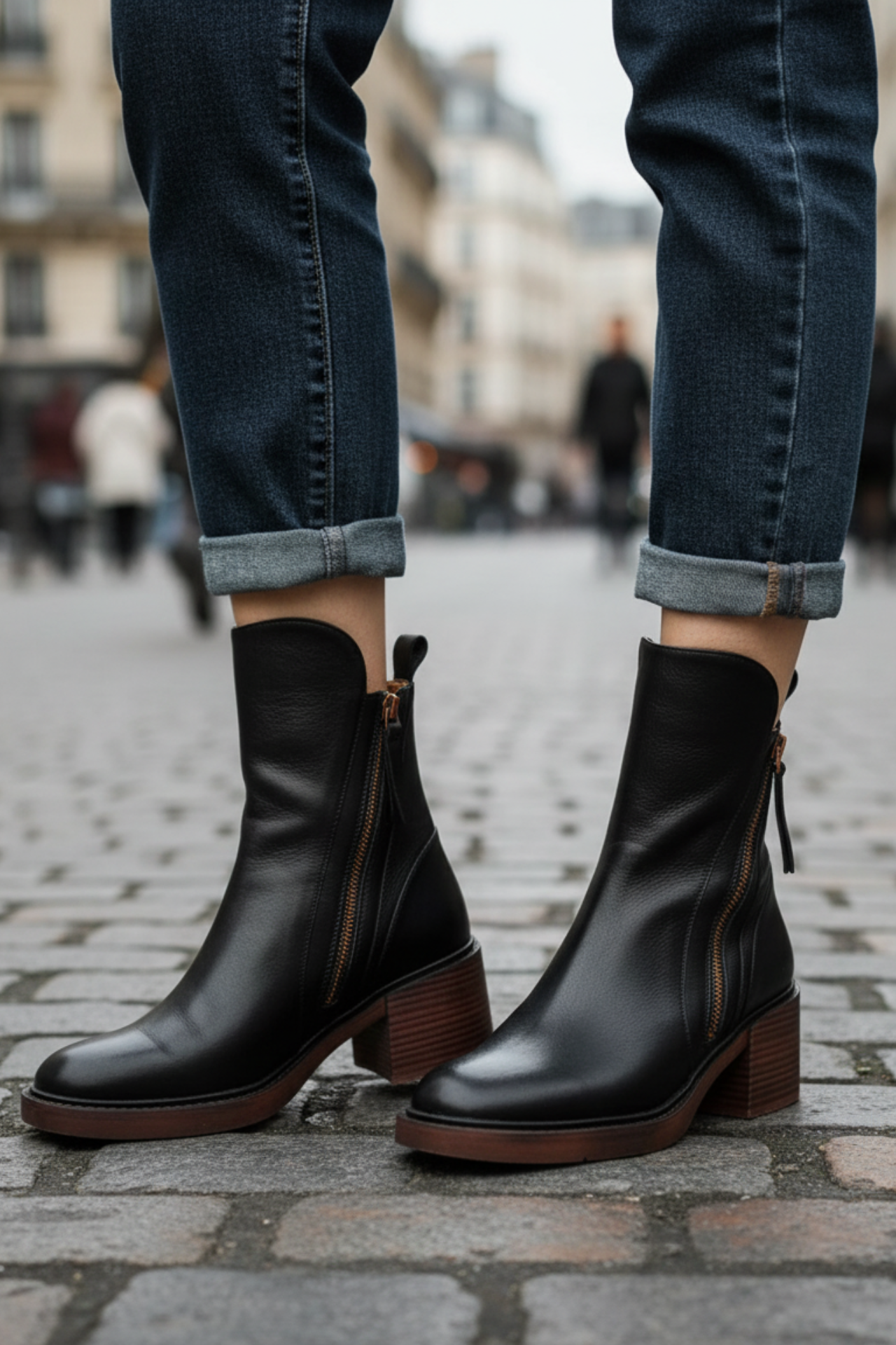 Ankle Boots - Women's Brown and Black Block Heel Leather Boots-Grace Aura