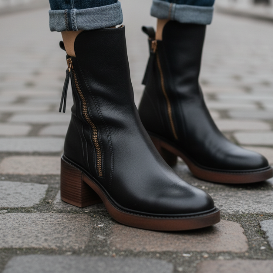 Ankle Boots - Women's Brown and Black Block Heel Leather Boots-Grace Aura