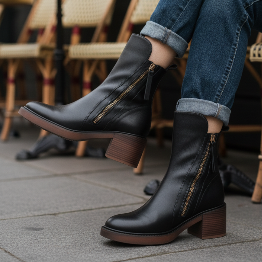Ankle Boots - Women's Brown and Black Block Heel Leather Boots-Grace Aura