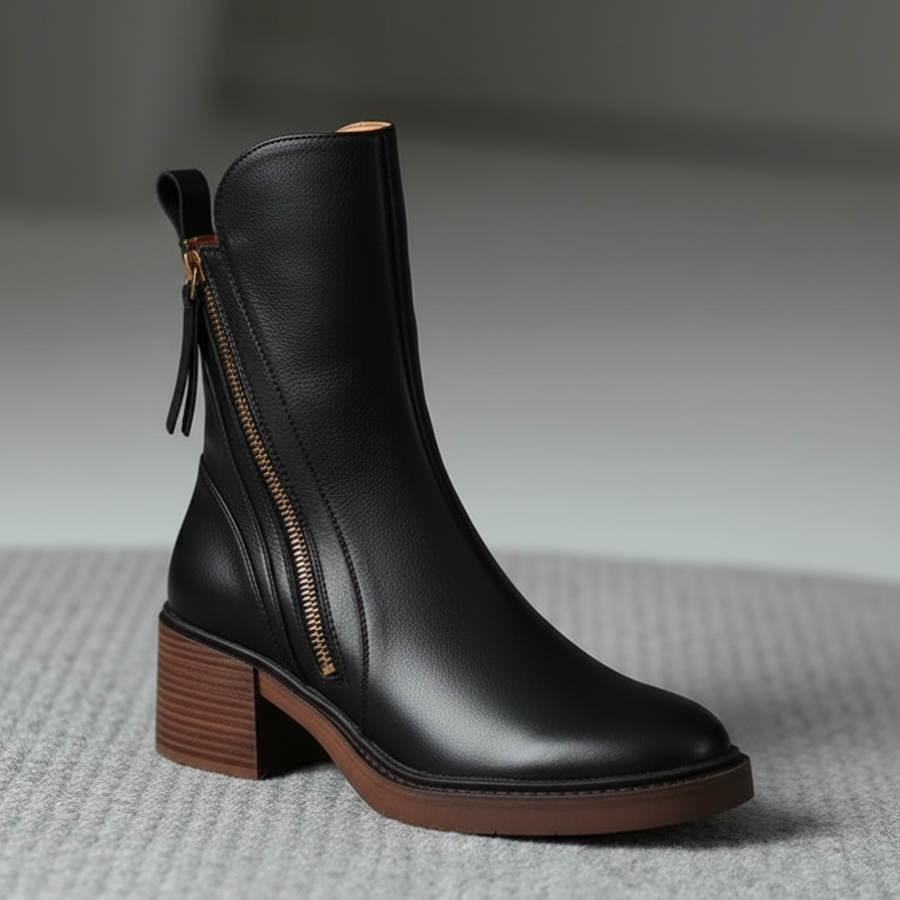 Ankle Boots - Women's Brown and Black Block Heel Leather Boots-Grace Aura