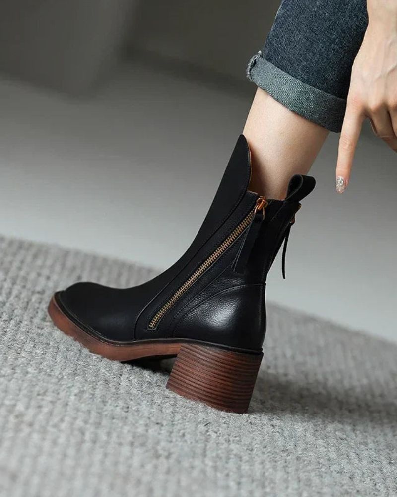 Ankle Boots - Women's Brown and Black Block Heel Leather Boots-Grace Aura