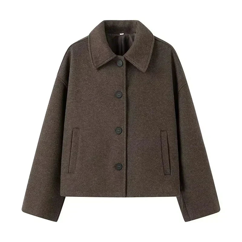 Autumn Jacket - Women's Brown Single Breasted Woolen Jacket-Grace Aura