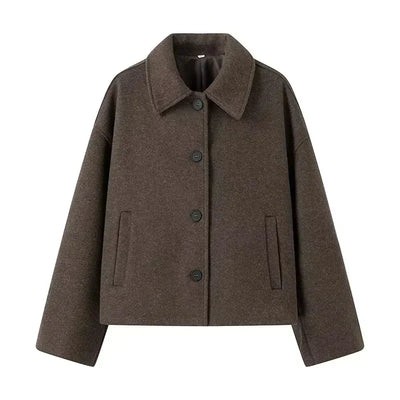 Autumn Jacket - Women's Brown Single Breasted Woolen Jacket-Grace Aura