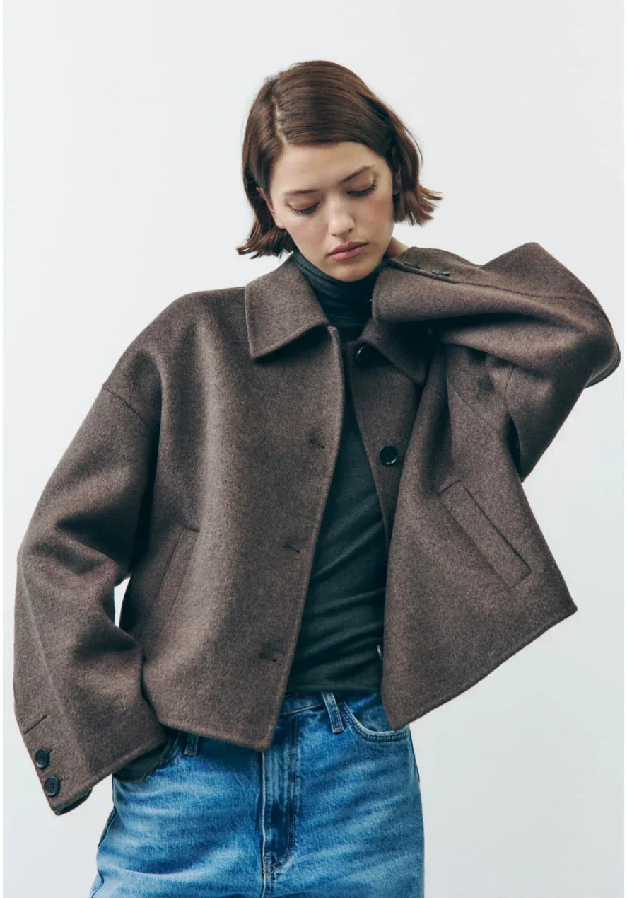 Autumn Jacket - Women's Brown Single Breasted Woolen Jacket-Grace Aura