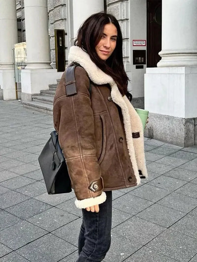 Aviator Jacket - Suedette - Fleece Lined - Jacket with Sherpa - Pilot Jacket Ladies-Grace Aura