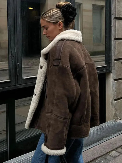 Aviator Jacket - Suedette - Fleece Lined - Jacket with Sherpa - Pilot Jacket Ladies-Grace Aura