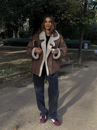 Aviator Jacket - Suedette - Fleece Lined - Jacket with Sherpa - Pilot Jacket Ladies-Grace Aura