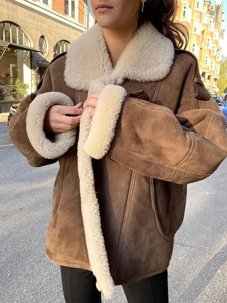 Aviator Jacket - Suedette - Fleece Lined - Jacket with Sherpa - Pilot Jacket Ladies-Grace Aura