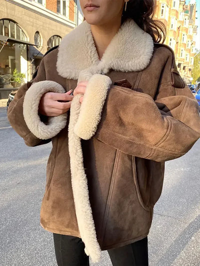 Aviator Jacket - Suedette - Fleece Lined - Jacket with Sherpa - Pilot Jacket Ladies-Grace Aura
