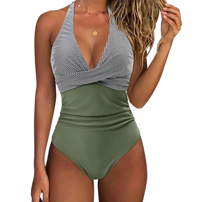 Bathing Suit - Women's Halter Neck One-Piece Push-Up Swimsuit-Grace Aura