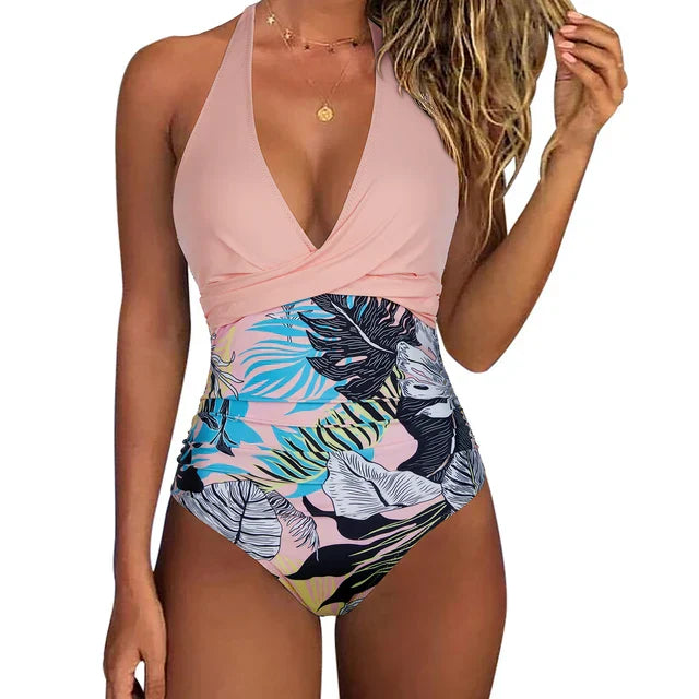 Bathing Suit - Women's Halter Neck One-Piece Push-Up Swimsuit-Grace Aura
