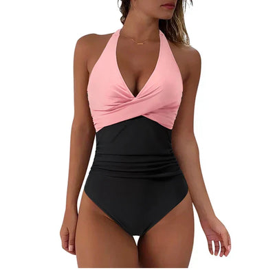 Bathing Suit - Women's Halter Neck One-Piece Push-Up Swimsuit-Grace Aura
