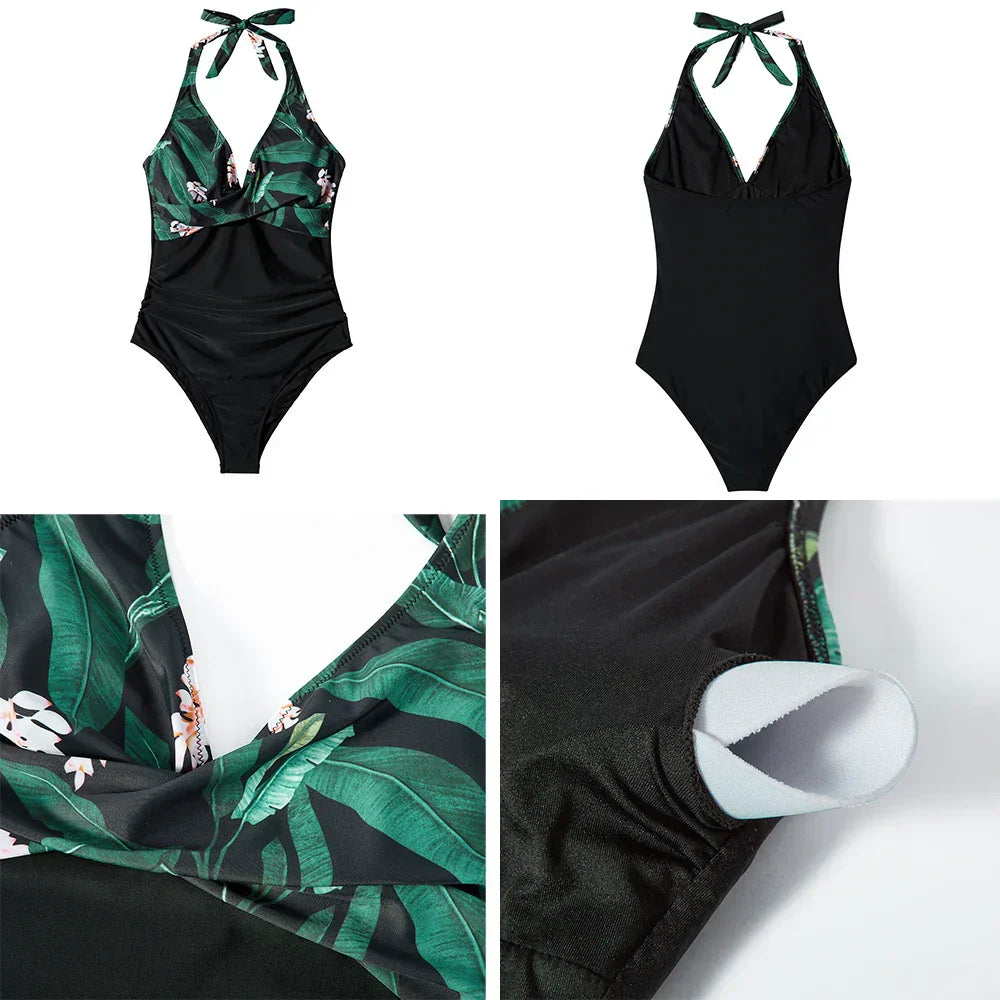 Bathing Suit - Women's Halter Neck One-Piece Push-Up Swimsuit-Grace Aura