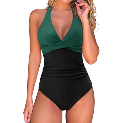 Bathing Suit - Women's Halter Neck One-Piece Push-Up Swimsuit-Grace Aura