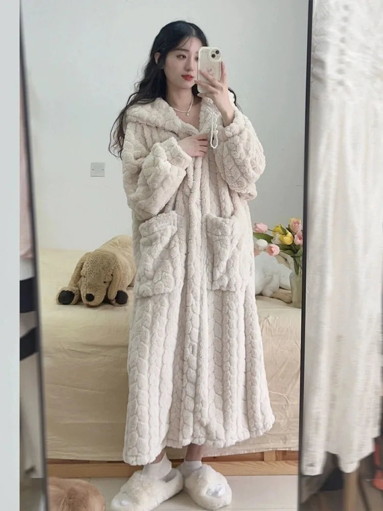 Bathrobe - Warm - Hooded - Fleece Dressing Gown - Long Dressing Gown Women's-Grace Aura