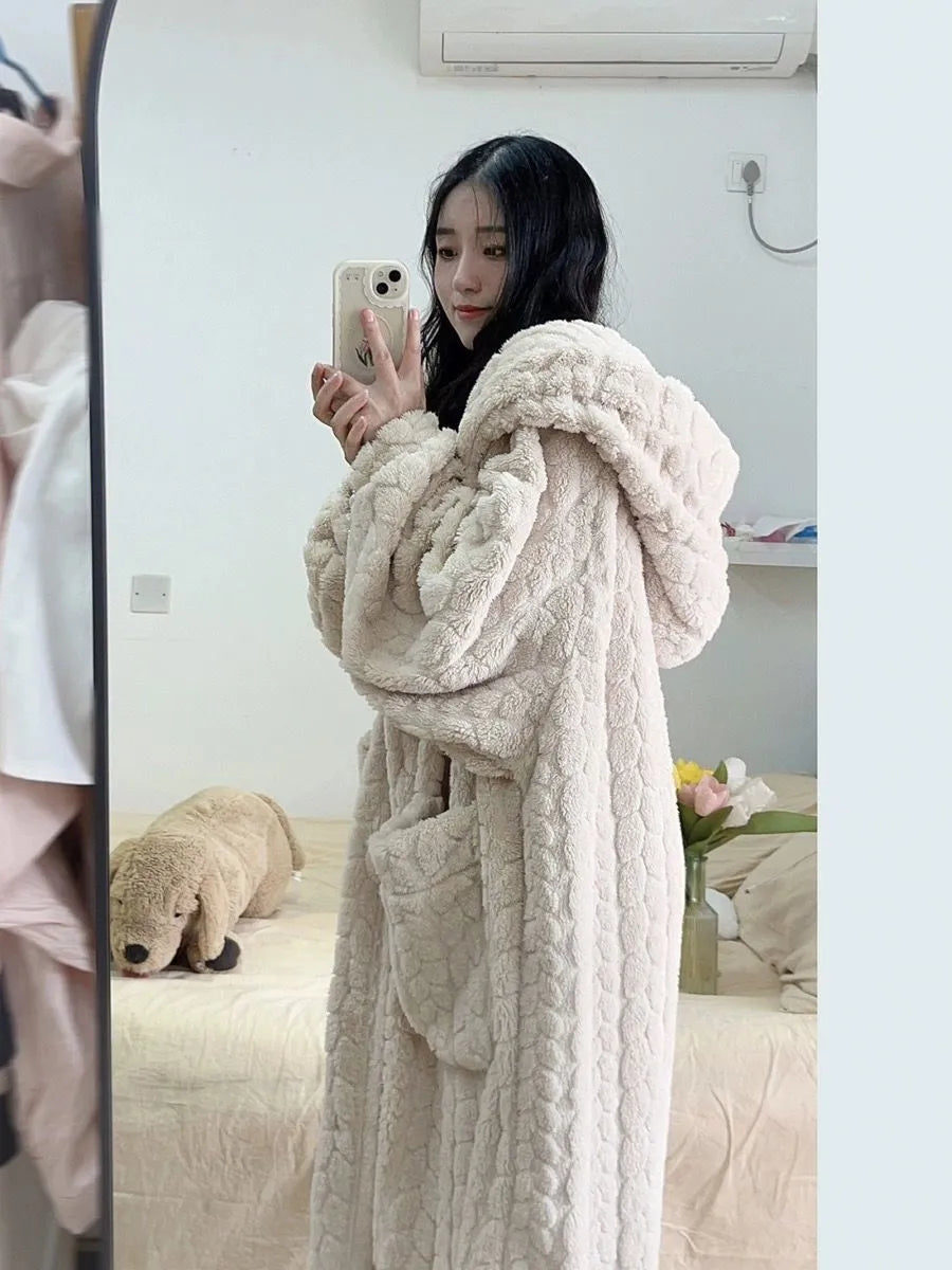 Bathrobe - Warm - Hooded - Fleece Dressing Gown - Long Dressing Gown Women's-Grace Aura