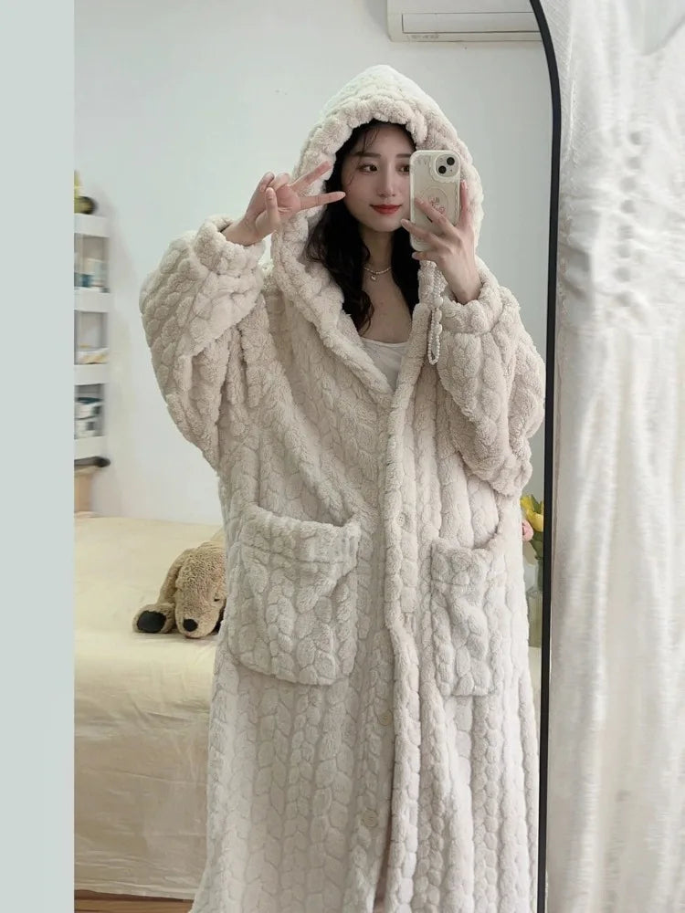 Bathrobe - Warm - Hooded - Fleece Dressing Gown - Long Dressing Gown Women's-Grace Aura