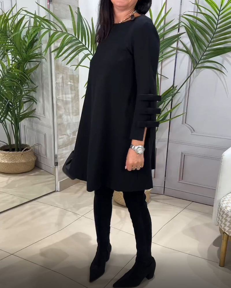 Black Dress - Knee Length - Loose Fit - Casual Dress - Long Sleeve Dress-Grace Aura