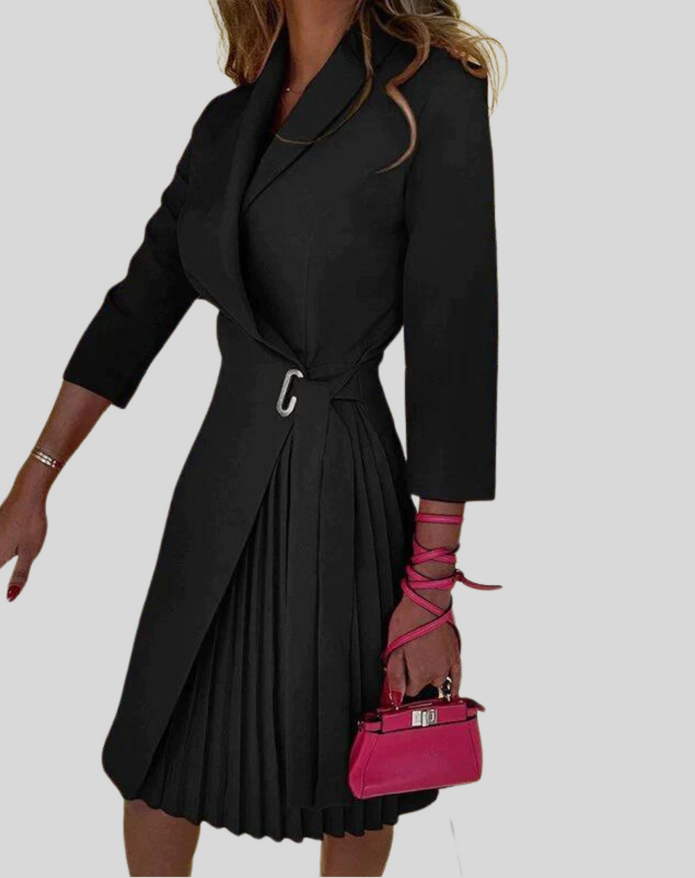 Blazer Dress - Knee Length - Long Sleeve - Pleated Dress - Formal Dress-Grace Aura