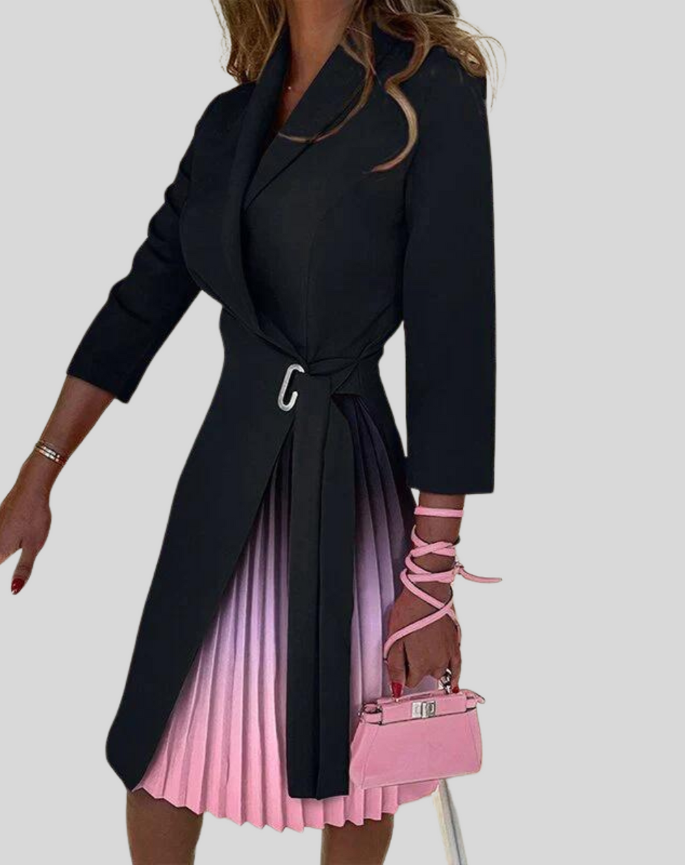 Blazer Dress - Knee Length - Long Sleeve - Pleated Dress - Formal Dress-Grace Aura