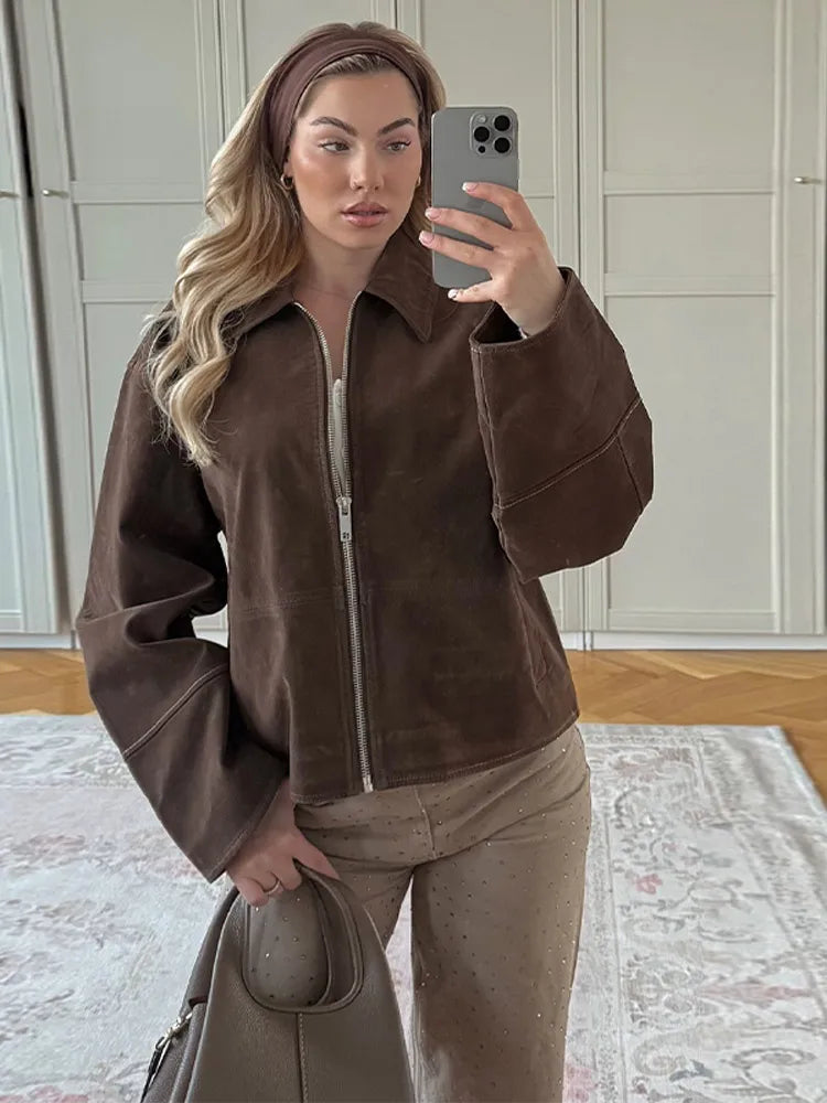 Blazer Jacket - Women's Brown Suede Lapel Jacket for Autumn-Grace Aura