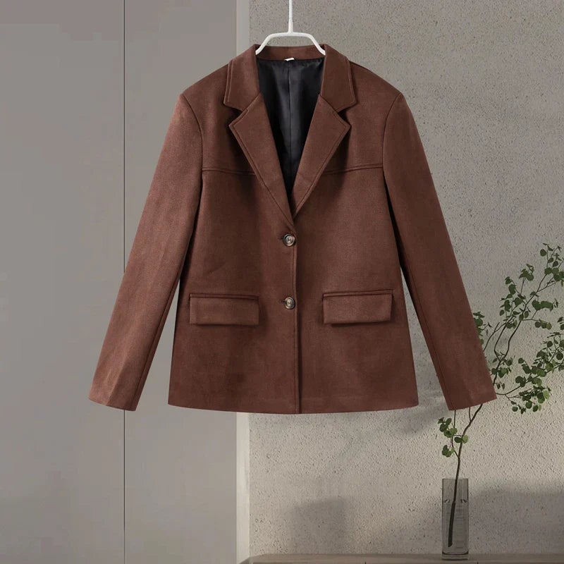 Blazer Jacket - Women's Brown Suede Lapel Jacket for Autumn-Grace Aura