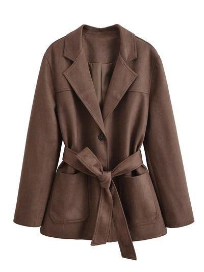 Blazer Jacket - Women's Brown Suede Lapel Jacket for Autumn-Grace Aura