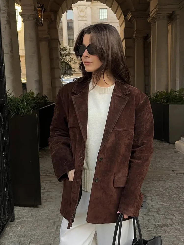Blazer Jacket - Women's Brown Suede Lapel Jacket for Autumn-Grace Aura