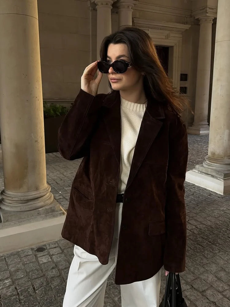 Blazer Jacket - Women's Brown Suede Lapel Jacket for Autumn-Grace Aura