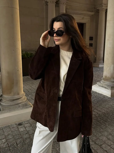 Blazer Jacket - Women's Brown Suede Lapel Jacket for Autumn-Grace Aura