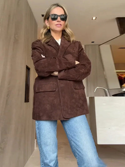 Blazer Jacket - Women's Brown Suede Lapel Jacket for Autumn-Grace Aura