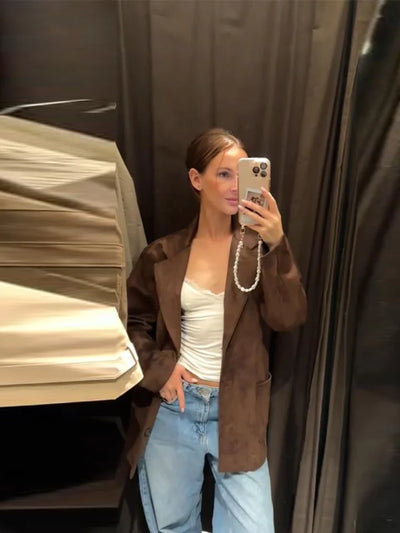 Blazer Jacket - Women's Brown Suede Lapel Jacket for Autumn-Grace Aura