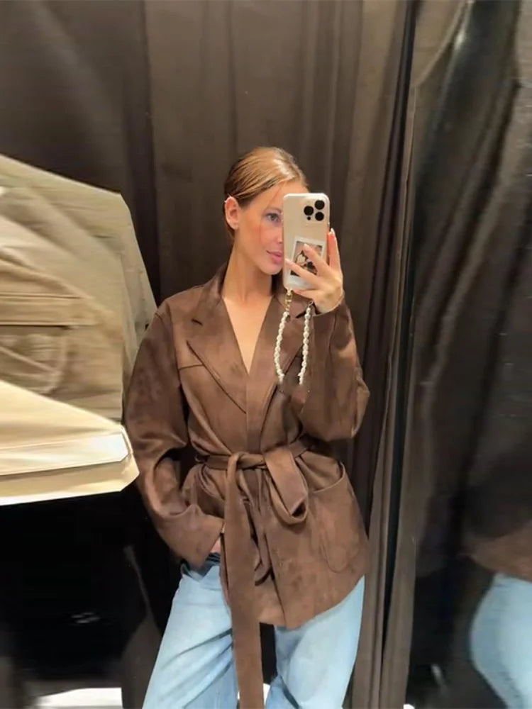 Blazer Jacket - Women's Brown Suede Lapel Jacket for Autumn-Grace Aura